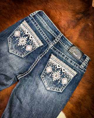 Desert Loom Aztec Bootcut Jeans in Dark Wash by Grace in LA