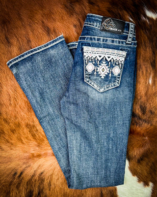 Desert Loom Aztec Bootcut Jeans in Dark Wash by Grace in LA