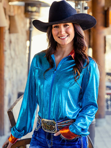 Cowgirl Tuff Canyon Lights Zip – Turquoise Metallic Long Sleeve