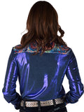 Woman wearing a shiny metallic blue button-up shirt with colorful paisley trim
