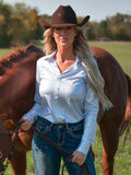 Woman wearing a white long sleeve sparkle button-up shirt with stretch fit