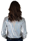 Woman wearing a white long sleeve sparkle button-up shirt with stretch fit