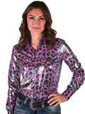 Woman wearing a purple foil leopard print long sleeve button up shirt with multicolor accents