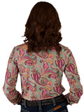 Woman wearing a colorful paisley button-up shirt with hot pink foil trim