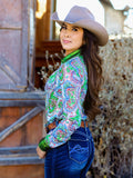 Side profile of Paisley Penelope Pullover Button-Up highlighting the fit and green metallic trim