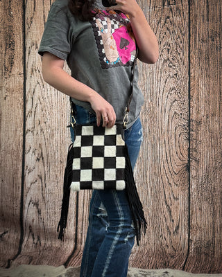 Stockyard Checkered Cowhide Fringe Purse by Countryside Co.
