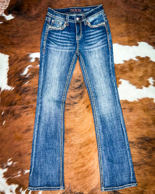 Copper Scroll Embroidered Bootcut Jeans in Dark Wash by Grace in LA