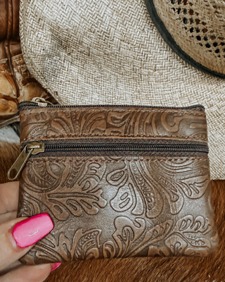 Sadie Embossed Leather Zipper Coin Pouch in Brown by Countryside Co.