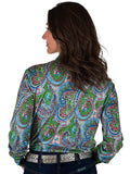 Back view of colorful paisley shirt with green metallic collar and cuffs.