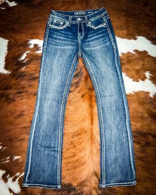 Desert Loom Aztec Bootcut Jeans in Dark Wash by Grace in LA