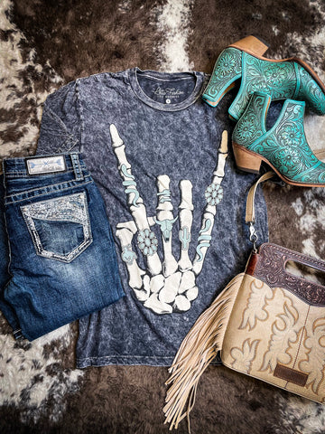 Skeleton Rock Hand Sign Tee - Vintage Black