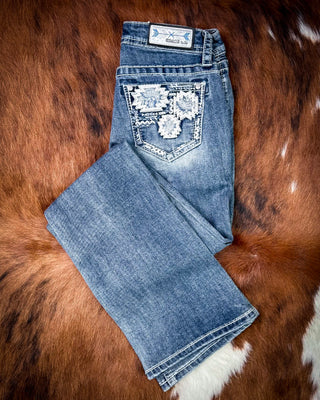 Ivory Patchwork Bootcut Jeans in Medium Dark Wash by Grace in LA