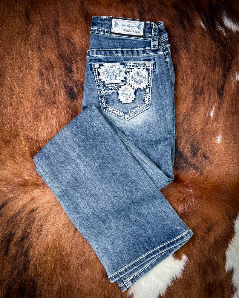 Ivory Patchwork Bootcut Jeans in Medium Dark Wash by Grace in LA