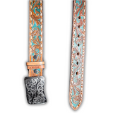 "Sonoma" Brown/Ivory/Turquoise Floral Hand Tooled Hooey belt