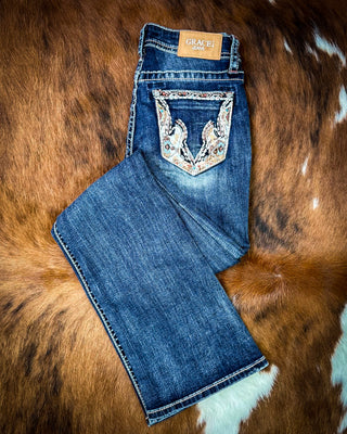 Copper Scroll Embroidered Bootcut Jeans in Dark Wash by Grace in LA