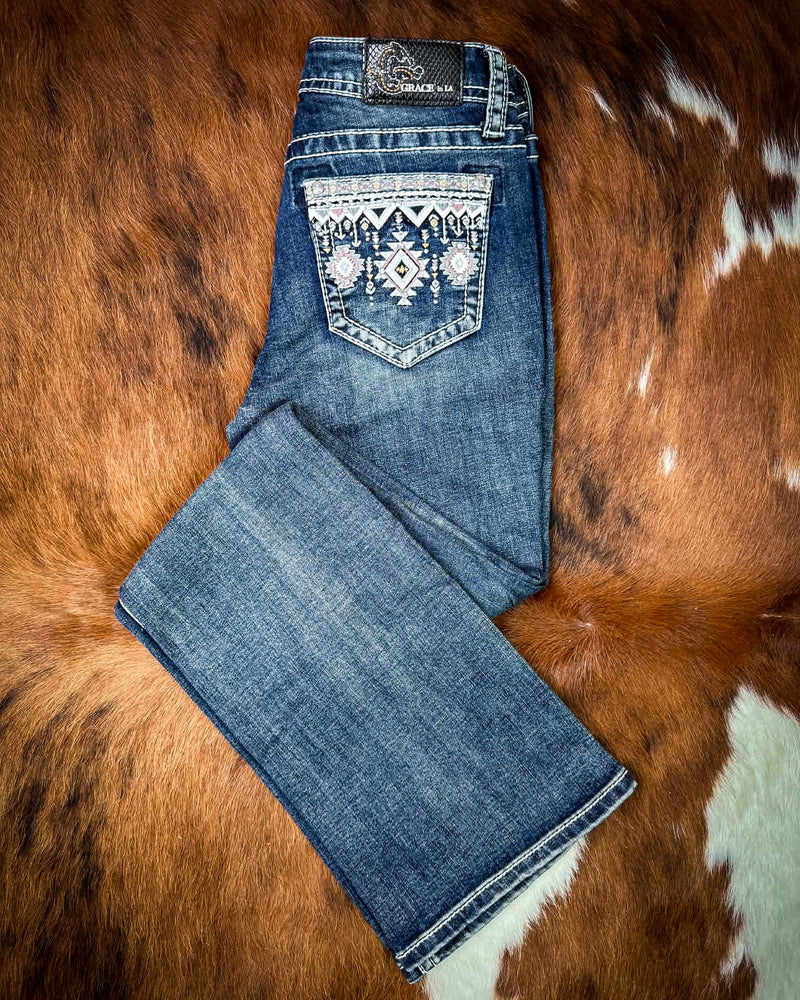 Desert Loom Aztec Bootcut Jeans in Dark Wash by Grace in LA