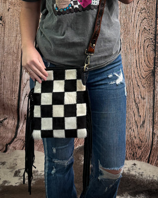 Stockyard Checkered Cowhide Fringe Purse by Countryside Co.