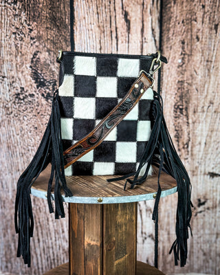 Stockyard Checkered Cowhide Fringe Purse by Countryside Co.