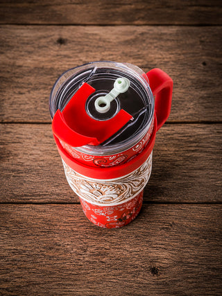 Wide Wyoming Red Bandana Tooled Leather Tumbler by Myra Bag