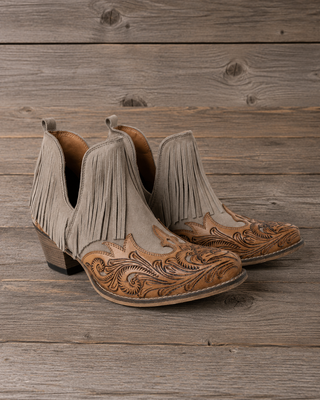 Cimarron Belle Fringe Tooled Leather Booties in Tan by Myra Bag