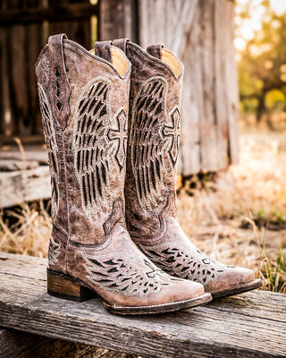 Night Halo Cross and Wings Square Toe Boots in Brown and Black by Corral Boots