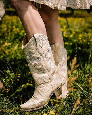 Crystal Meadow Floral Snip Toe Boots in White by Corral Boots