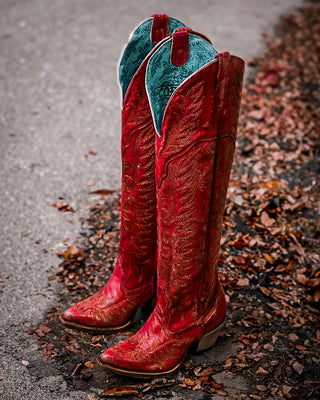 Scarlet Reign Tall Embroidered J Toe Boots in Distressed Red by Corral Boots