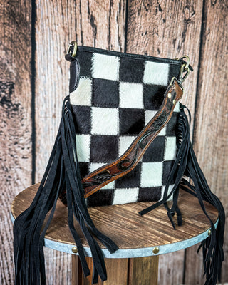 Stockyard Checkered Cowhide Fringe Purse by Countryside Co.