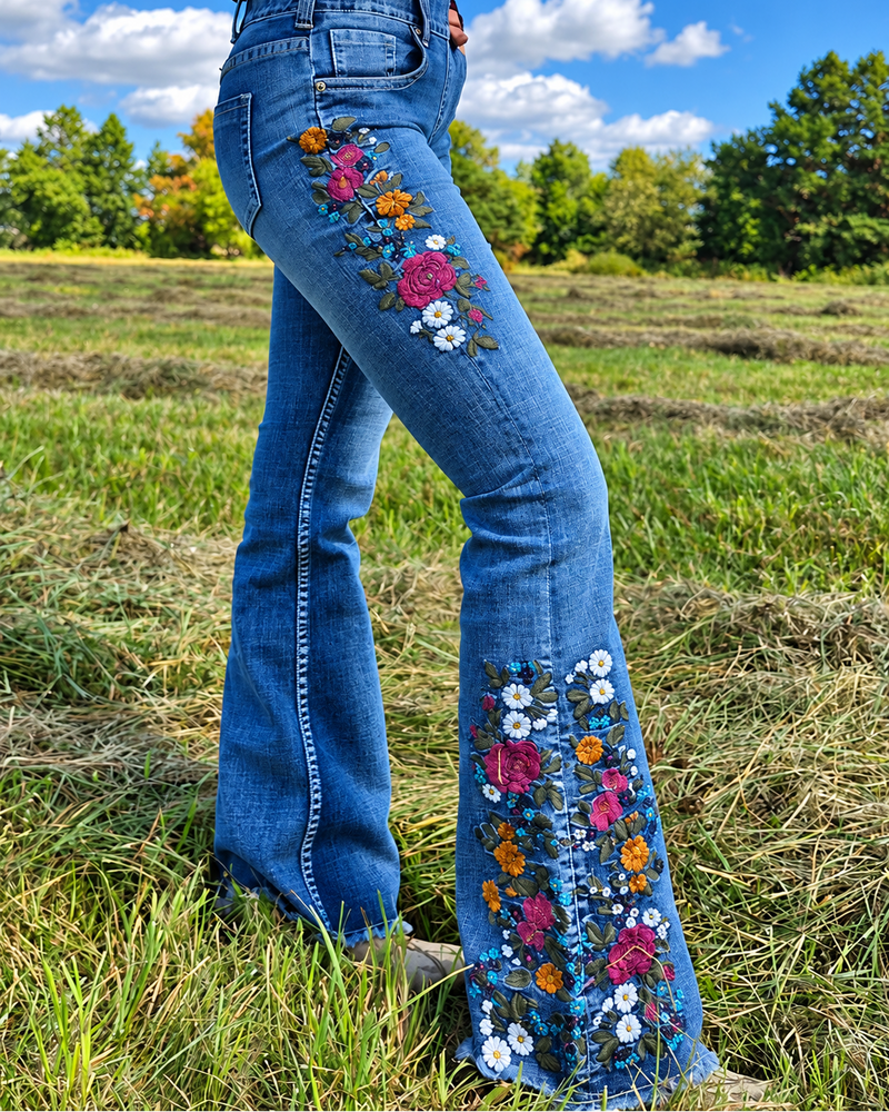 Bloom Floral Embroidered Pull On Trouser Jeans by Cowgirl Tuff