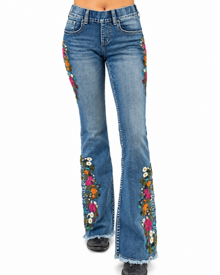 Bloom Floral Embroidered Pull On Trouser Jeans by Cowgirl Tuff