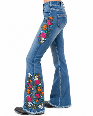 Bloom Floral Embroidered Pull On Trouser Jeans by Cowgirl Tuff
