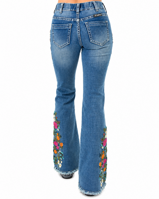 Bloom Floral Embroidered Pull On Trouser Jeans by Cowgirl Tuff