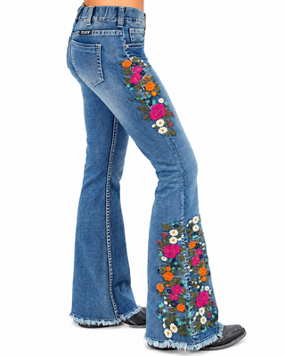 Bloom Floral Embroidered Pull On Trouser Jeans by Cowgirl Tuff