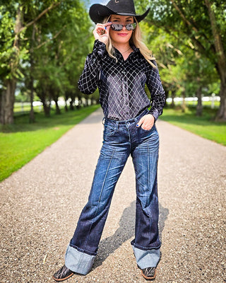 DFMI Dark Big Cuff Wide Leg Jeans in Dark Wash by Cowgirl Tuff