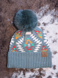 C.C. - Aztec - Pom Beanie - Green - Western Accessory - Winter Hat - Bronco Western Supply Co.