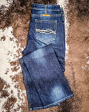 Denim Jeans on cowhide rug 