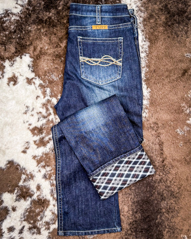 Denim Flannel Jeans on cowhide rug 