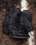 Black studded ankle boots on a textured brown surface