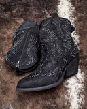 Black studded ankle boots on a textured brown surface
