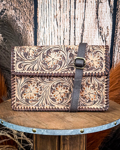 Purse displayed on wooden table.