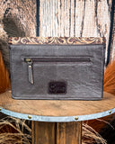 Purse displayed on wooden table.