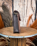Purse displayed on wooden table.