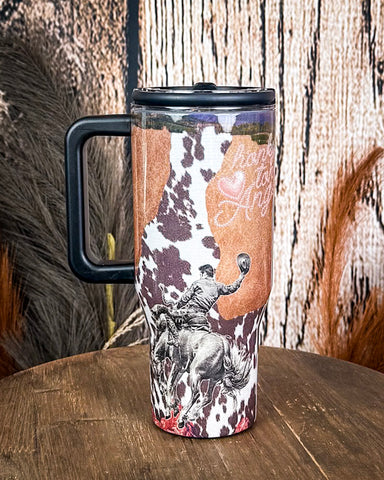 Honky Tonk Angel – 30oz Cow Print Tumbler with Handle