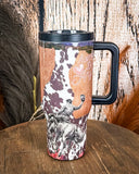 Honky Tonk Angel – 30oz Cow Print Tumbler with Handle