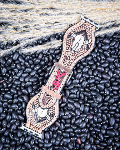 Apple Watch Fashion Band - Bone and Bloom displayed on black pebbled.