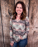Burned Out Long Sleeve Aztec Top modeled on person.