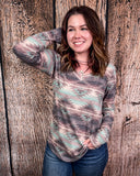 Burned Out Long Sleeve Aztec Top modeled on person.