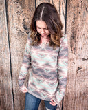 Burned Out Long Sleeve Aztec Top modeled on person.