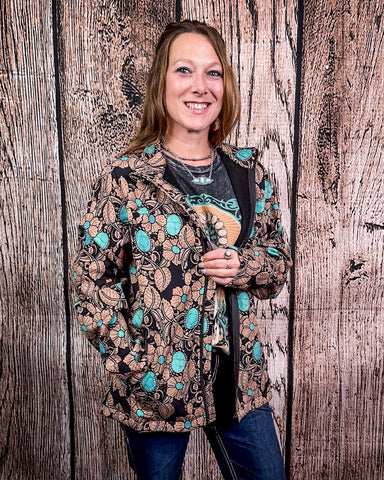 Tattoos On This Town Soft Shell Jacket modeled on person.