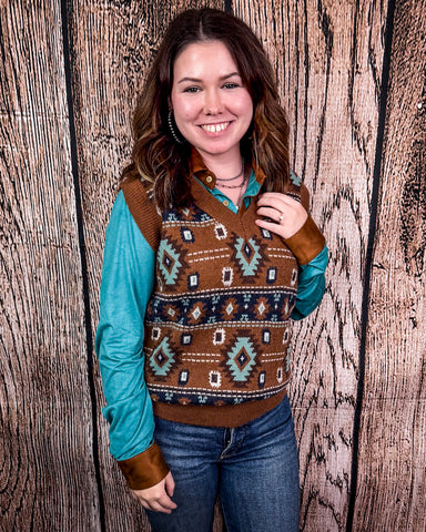 Amarillo Days Knit Sweater Vest being on modeled on person.